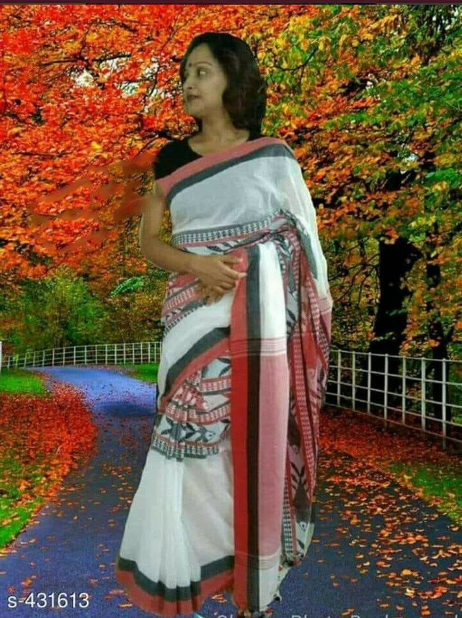 White Red Pure Cotton Handloom Sarees - Dailybuyys