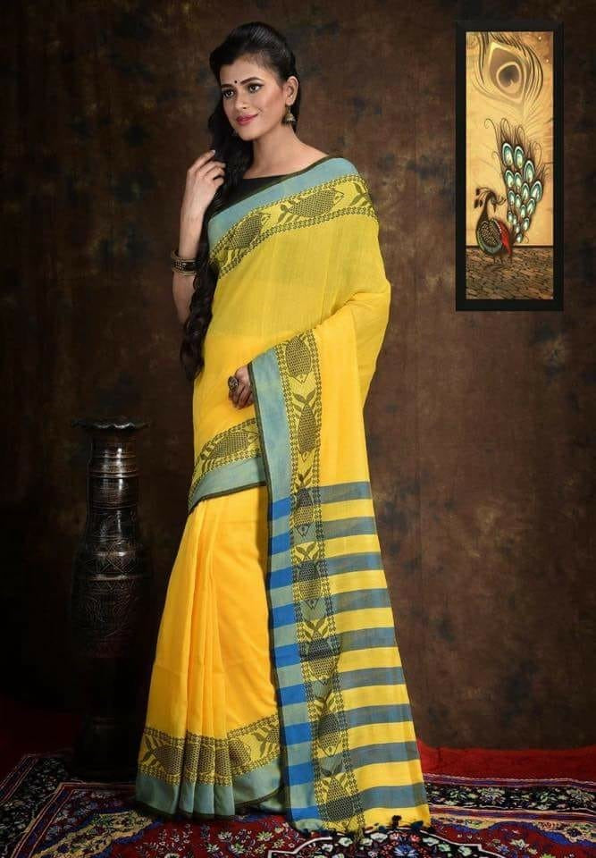 Yellow Pure Cotton Handloom Sarees - Dailybuyys
