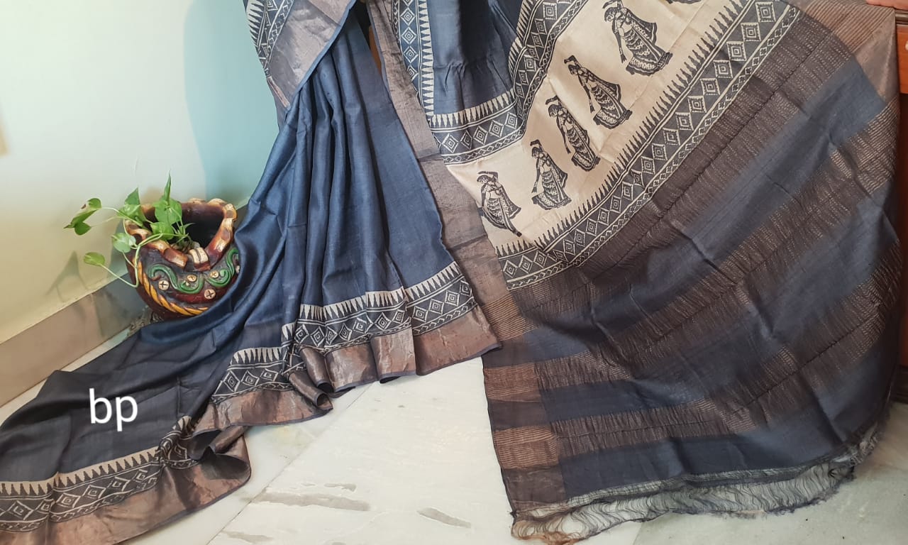 Grey KK Block Printed Zari Border Pure Silk Mark Certified Tussar Silk Sarees - Dailybuyys