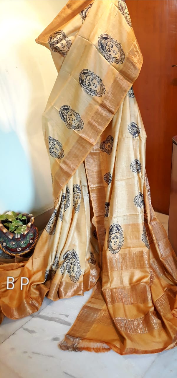 Beige Block Printed Zari Border Pure Silk Mark Certified Tussar Silk Sarees - Dailybuyys