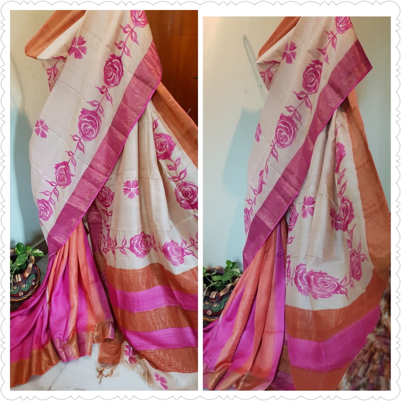 Purple Beige KK HAND Printed Zari Border Pure Silk Mark Certified Tussar Silk Sarees - Dailybuyys