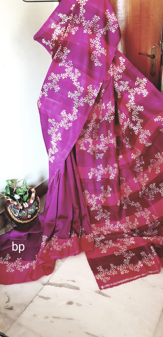 Purple Pure KK Block Printed Silk Mark Certified Bishnupuri Silk Sarees - Dailybuyys