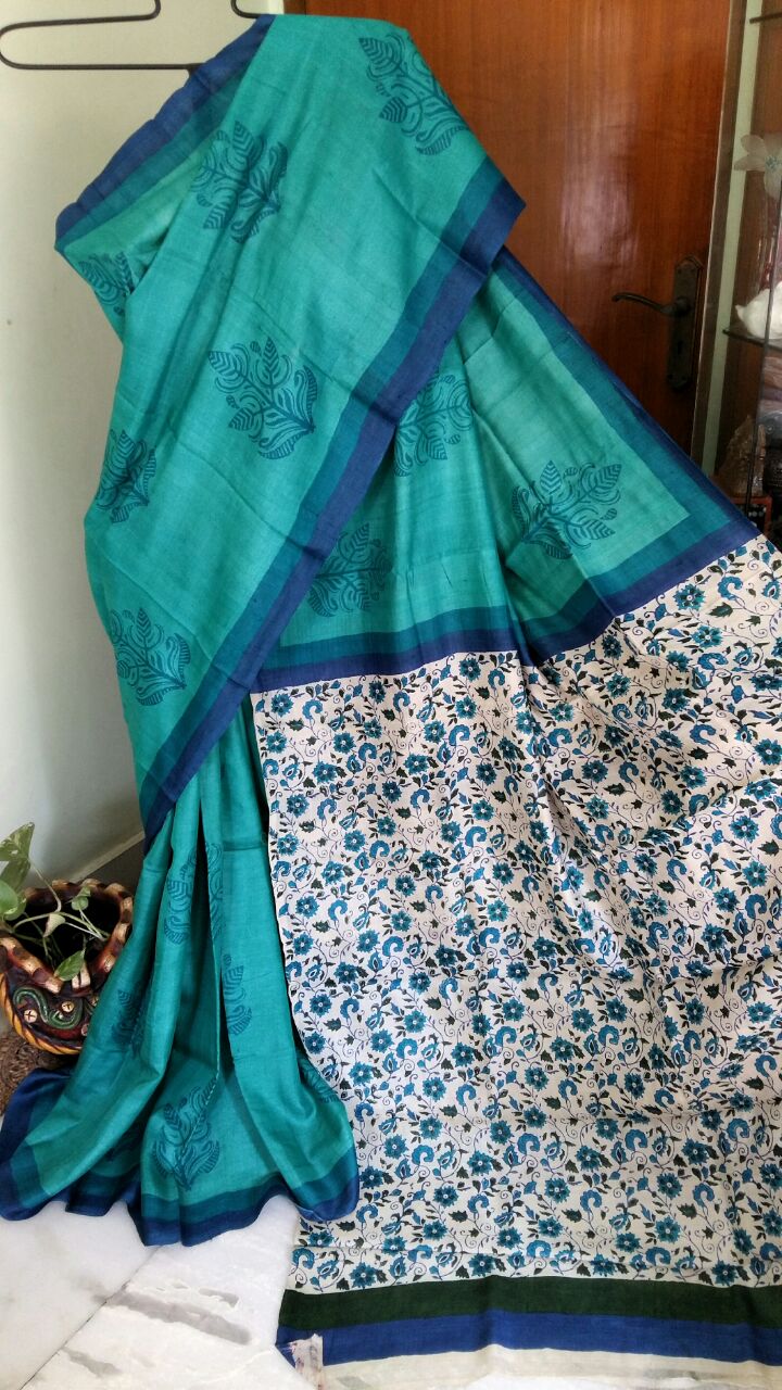 Green Pure KK Block Printed Silk Mark Certified Bishnupuri Silk Sarees - Dailybuyys