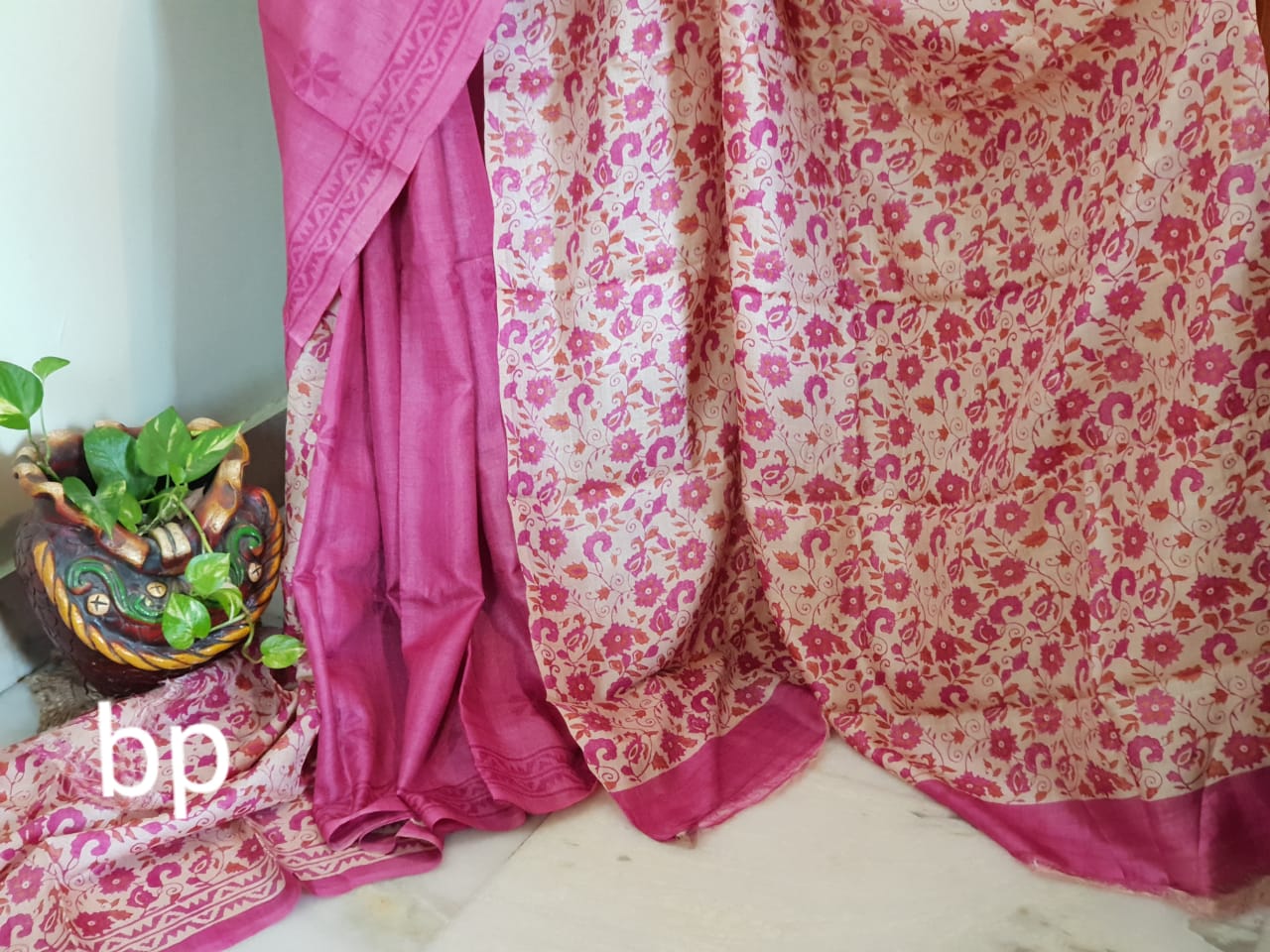 Purple Beige Pure KK Block Printed Silk Mark Certified Bishnupuri Silk Sarees - Dailybuyys