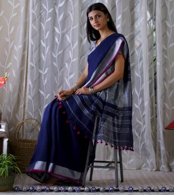 Blue Zari KK Pure Linen Sarees - Dailybuyys