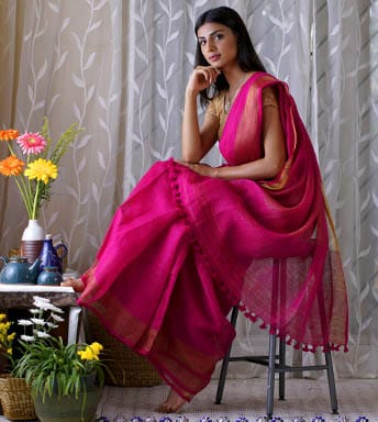 Rani Pink Zari KK Pure Linen Sarees - Dailybuyys