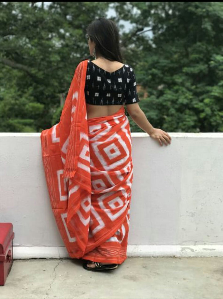Orange Mulmul Batik Sarees - Dailybuyys