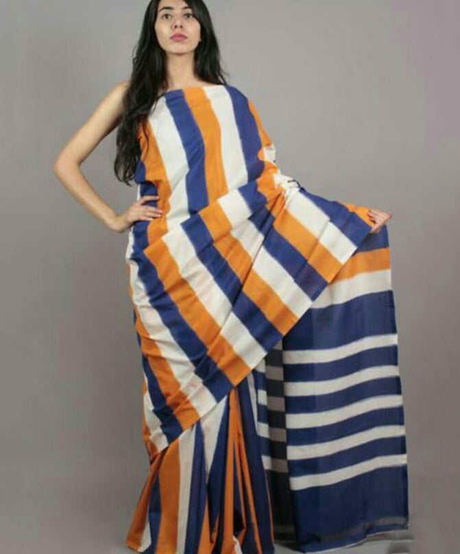 Yellow Blue Mulmul Batik Sarees - Dailybuyys