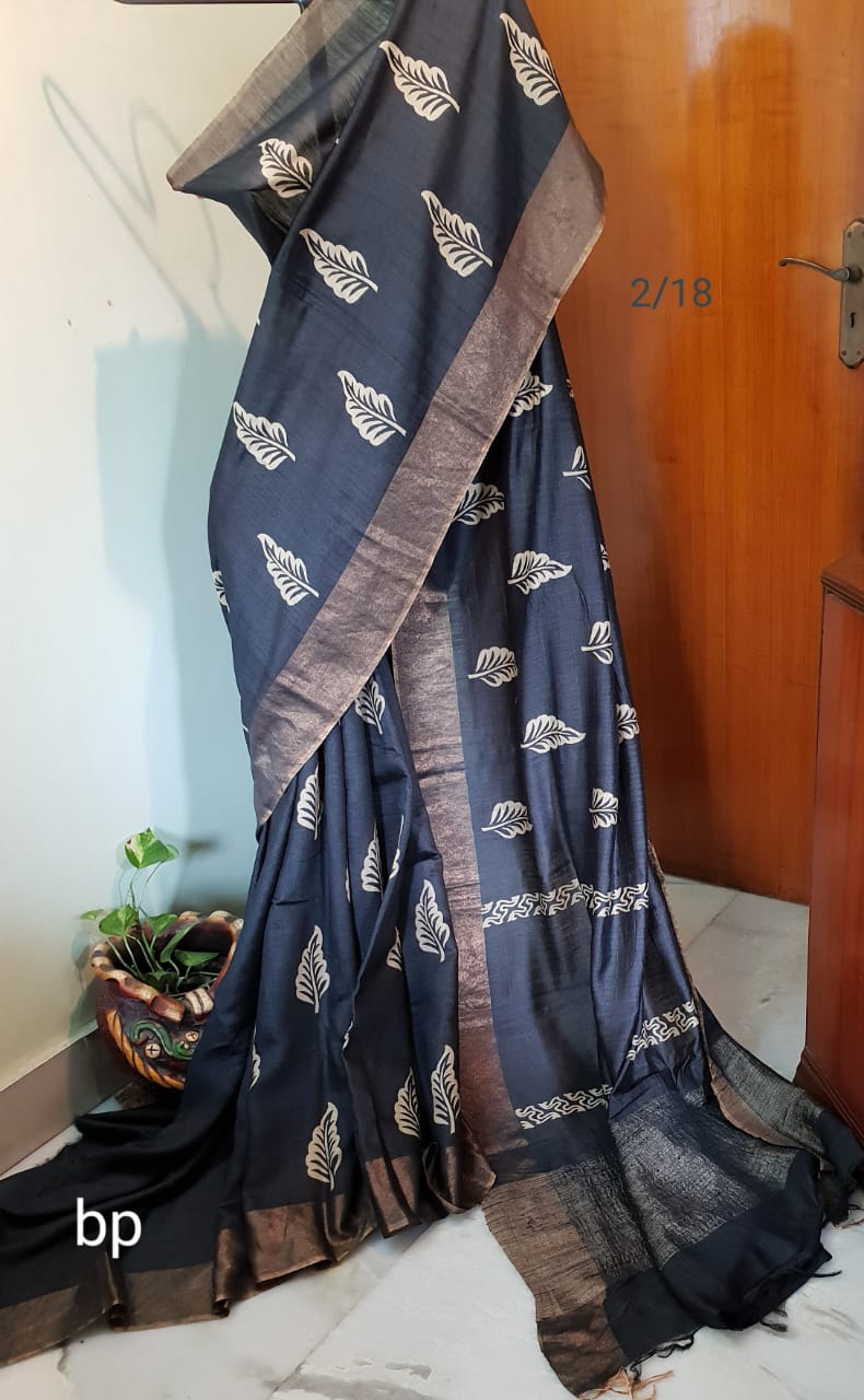 Grey KK Block Printed Zari Border Pure Silk Mark Certified Tussar Silk Sarees - Dailybuyys