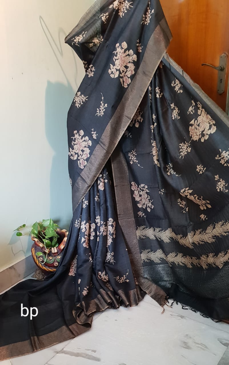 Grey KK Block Printed Zari Border Pure Silk Mark Certified Tussar Silk Sarees - Dailybuyys