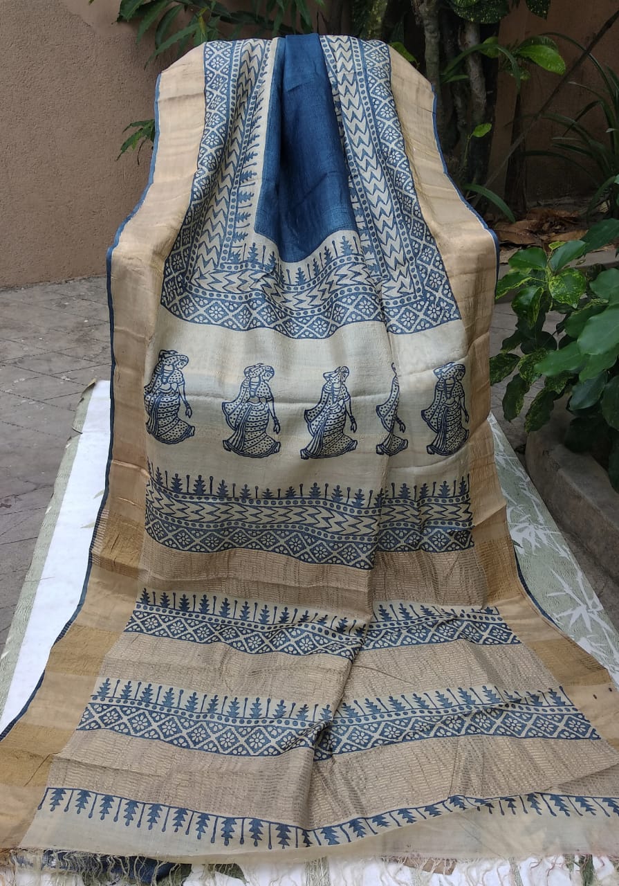 Blue Block Printed Zari Border Pure Silk Mark Certified Tussar Silk Sarees - Dailybuyys