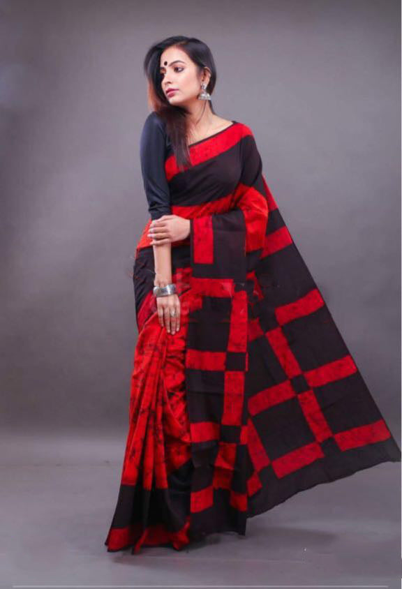 Red Black Mulmul Batik Sarees - Dailybuyys
