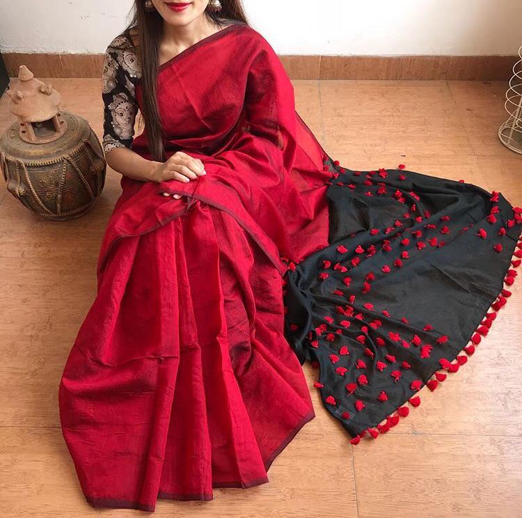 Red Black Pure Cotton Silk Sarees - Dailybuyys