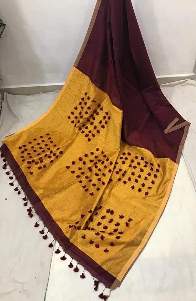 Brown Yellow Pure Cotton Silk Sarees - Dailybuyys