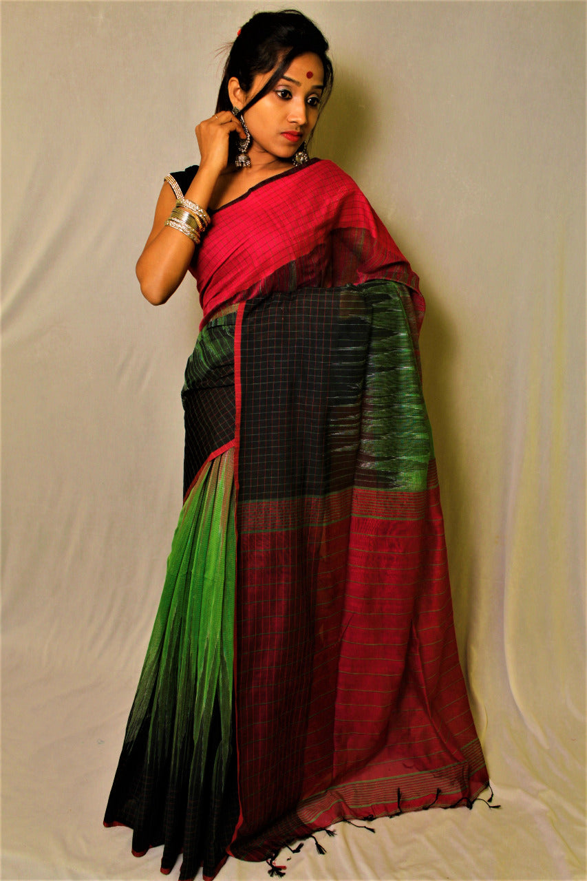 Green Black Ikkat Sarees - Dailybuyys