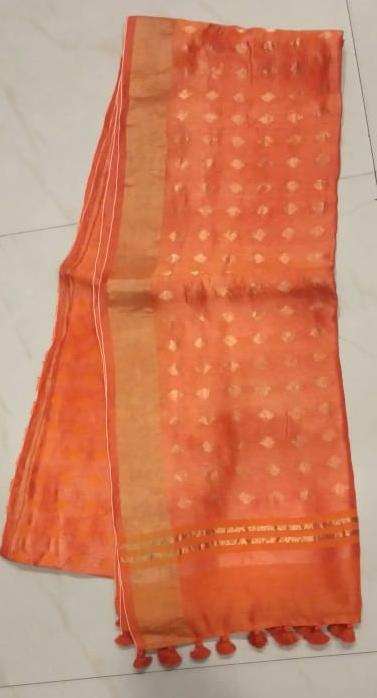 Orange KK Block Printed Zari Border Pure Silk Mark Certified Tussar Silk Sarees - Dailybuyys