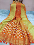 Orange Cut Work Pure Linen Sarees