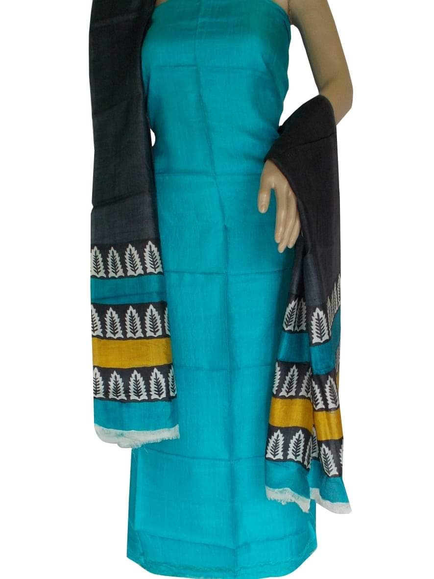 Blue Block Printed Design Pure Silk Top & Dupatta - Dailybuyys