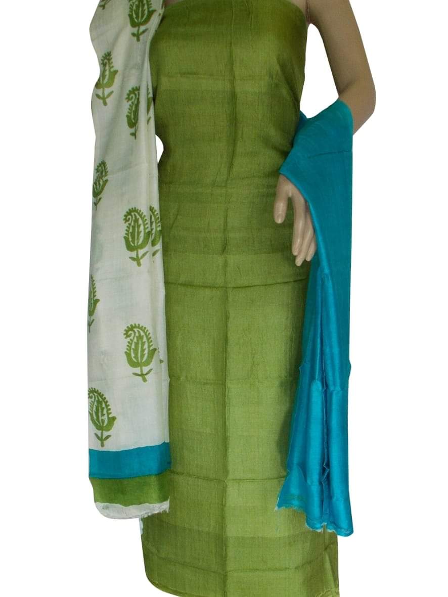 Green Block Printed Design Pure Silk Top & Dupatta - Dailybuyys