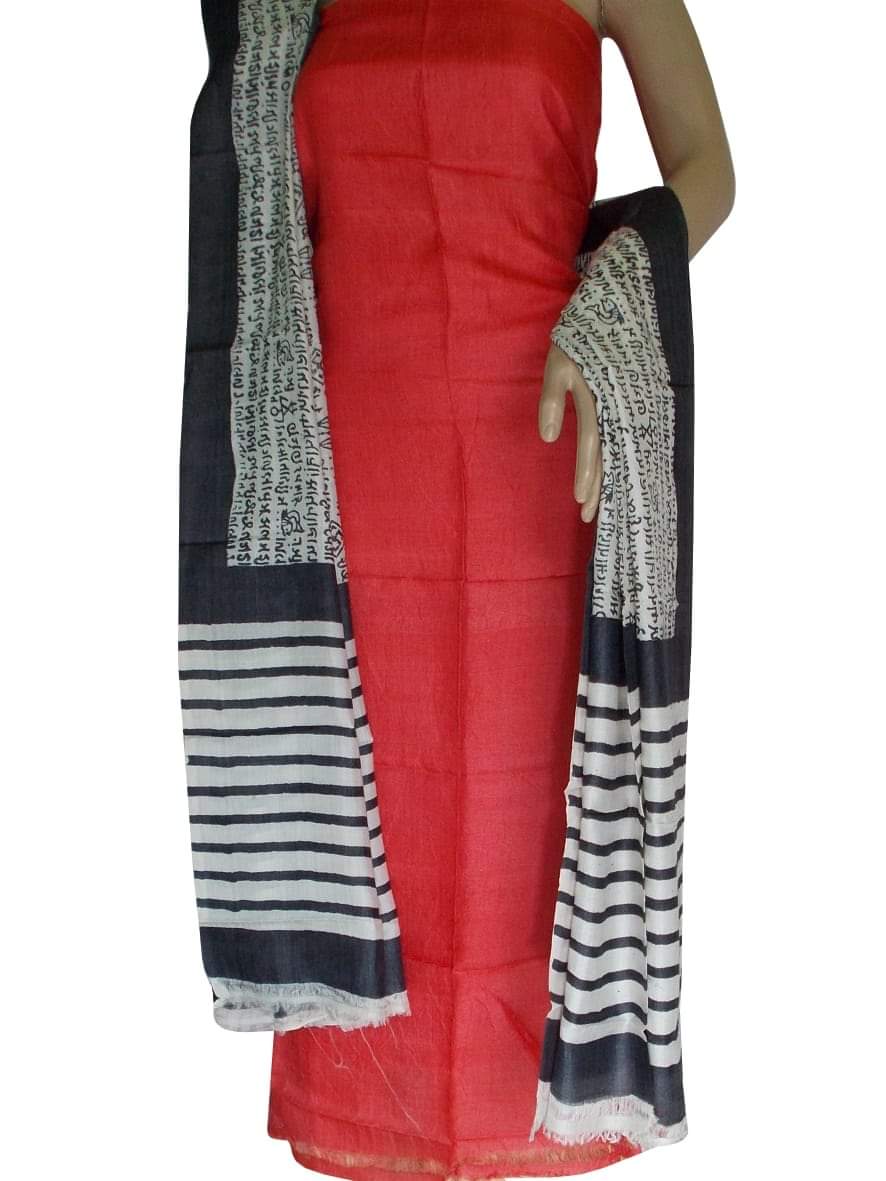 Red Block Printed Design Pure Silk Top & Dupatta - Dailybuyys
