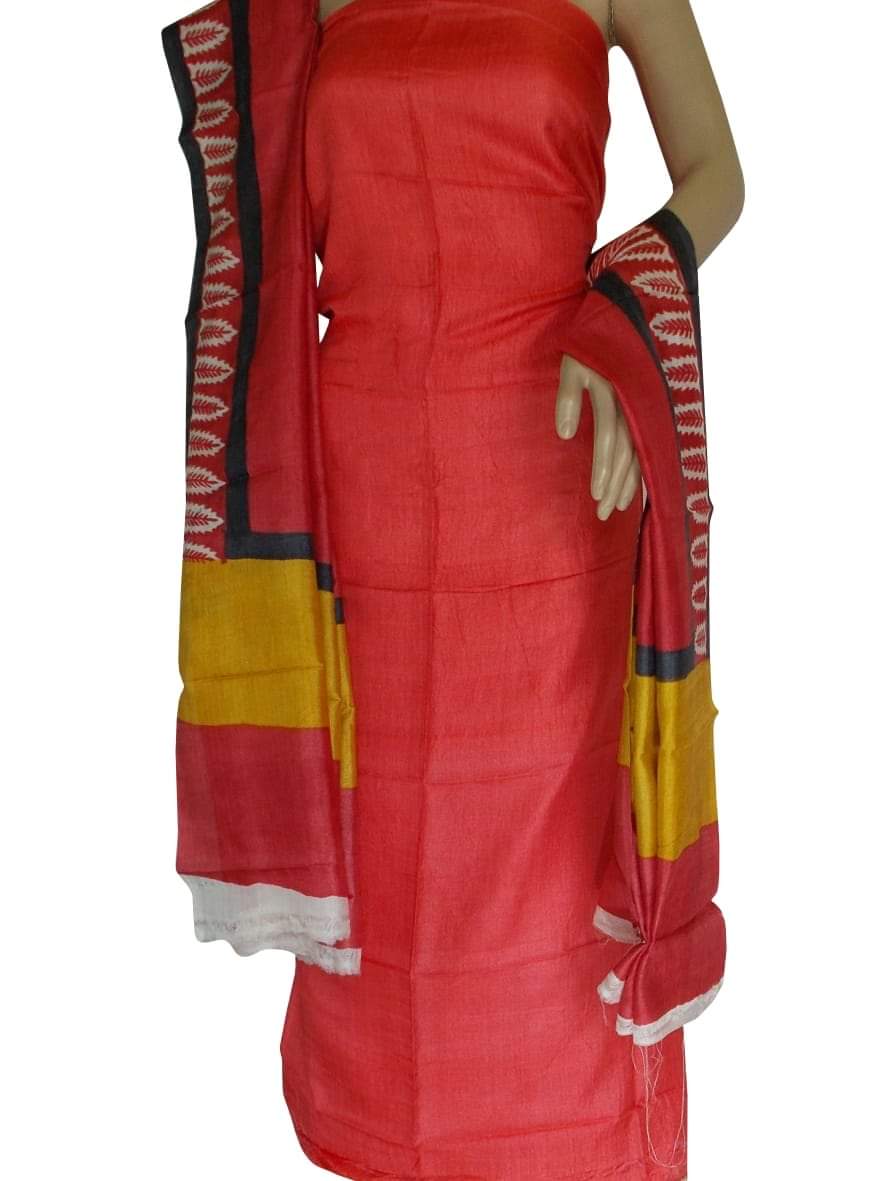 Red Block Printed Design Pure Silk Top & Dupatta - Dailybuyys