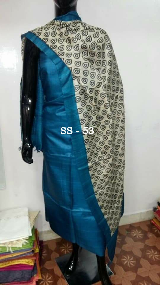 Blue Block Printed Design Pure Silk Top & Dupatta - Dailybuyys