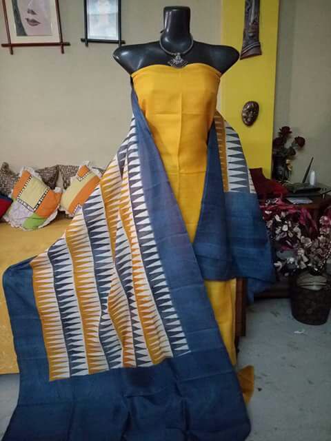 Yellow Block Printed Design Pure Silk Top & Dupatta - Dailybuyys