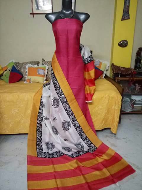 Red Beige Block Printed Design Pure Silk Top & Dupatta - Dailybuyys