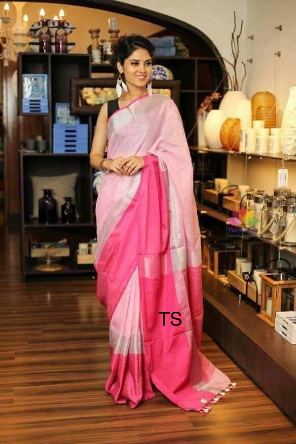 Pink Violet Pure Linen Sarees - Dailybuyys