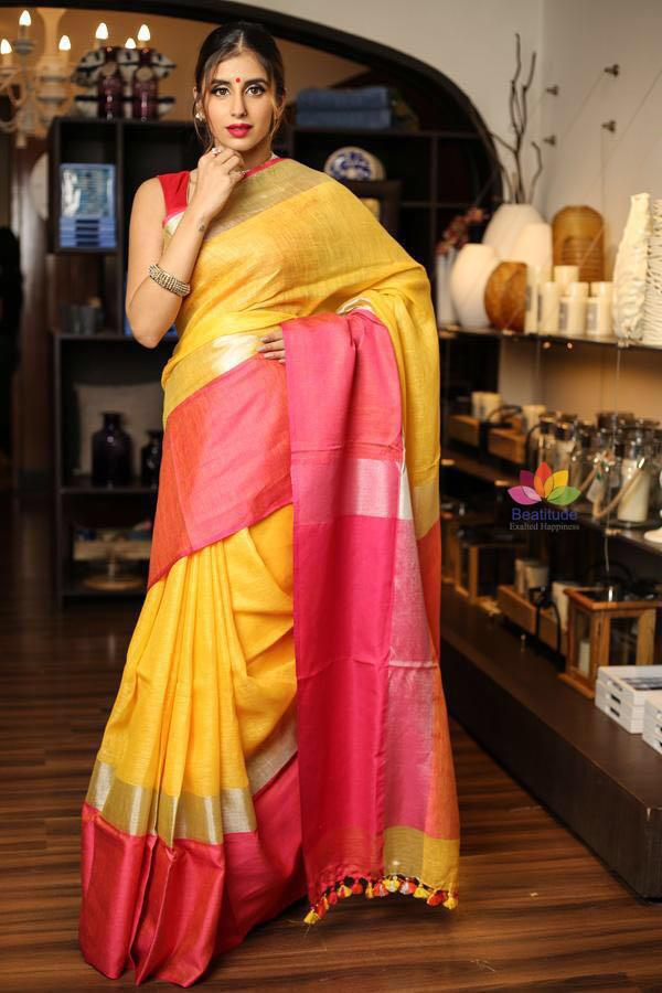 Yellow Violet Pure Linen Sarees - Dailybuyys
