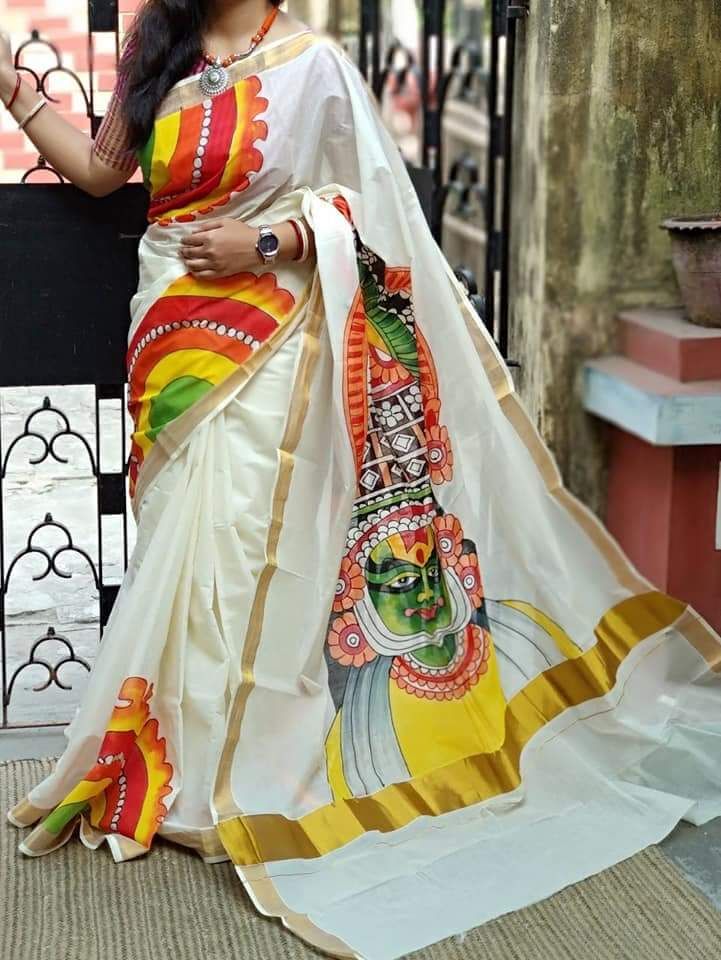 White Yellow Kerala Pure Cotton Sarees - Dailybuyys