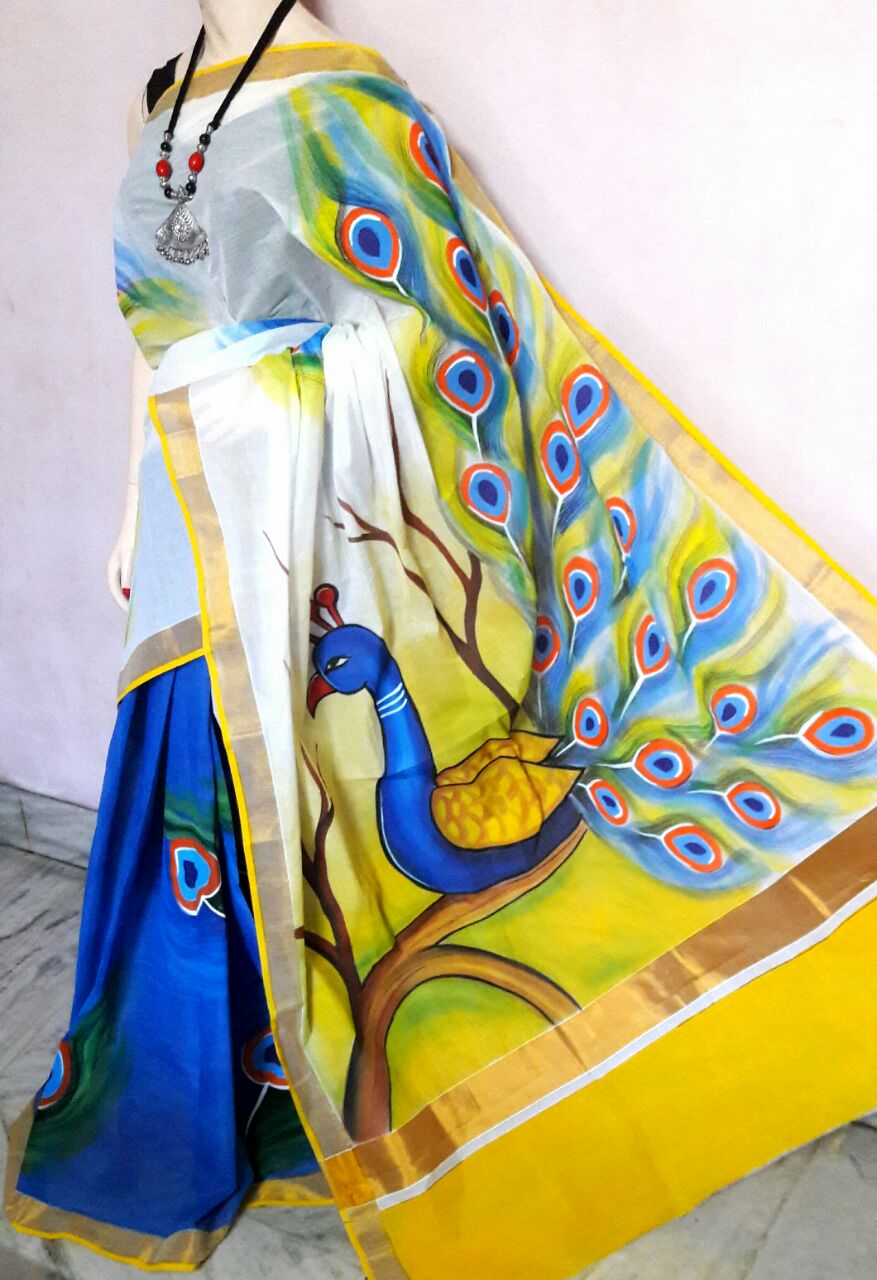 White Blue Kerala Pure Cotton Sarees - Dailybuyys
