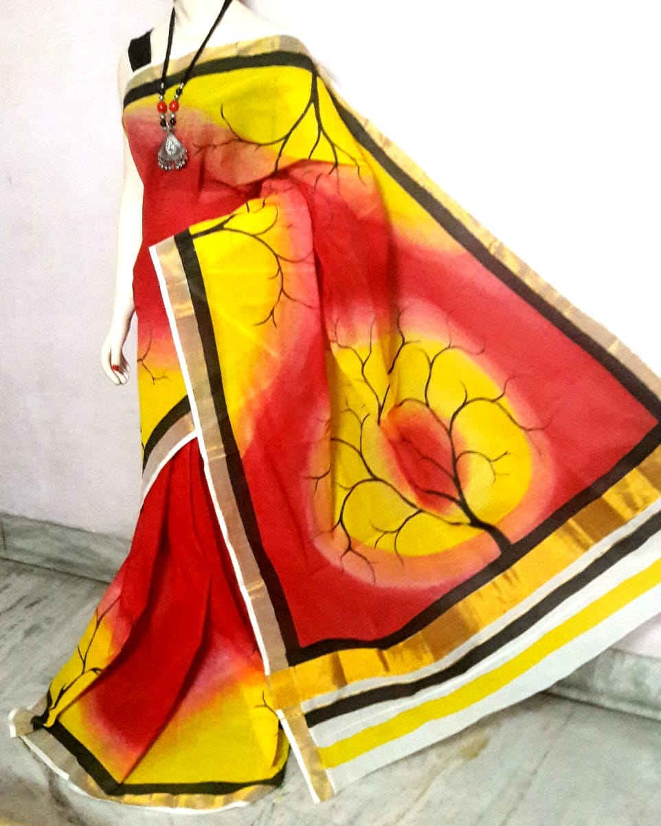 Red Yellow Kerala Pure Cotton Sarees - Dailybuyys