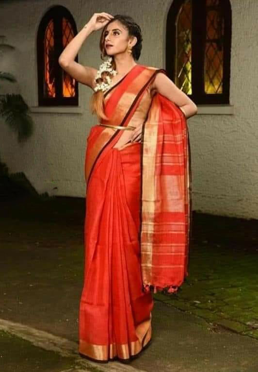 Orange 100 Count Pure Linen Sarees - Dailybuyys