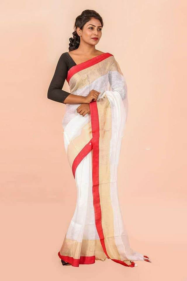 Beige 100 Count Pure Linen Sarees - Dailybuyys