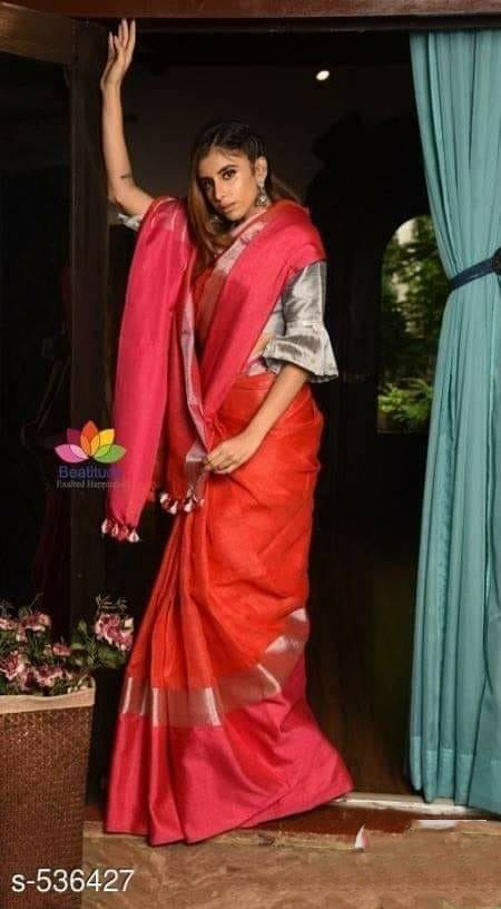 Red 100 Count Pure Linen Sarees - Dailybuyys