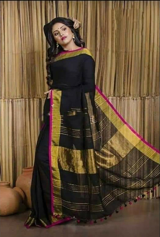 Black 100 Count Pure Linen Sarees - Dailybuyys