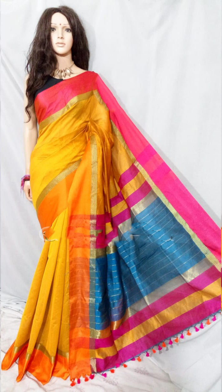 Yellow Maheshwari Silk Sarees - Dailybuyys