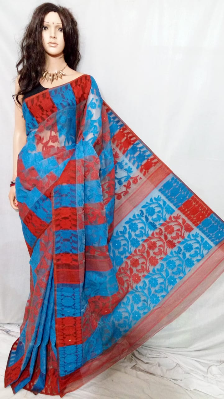 Blue Red Dhakai Jamdani Sarees - Dailybuyys