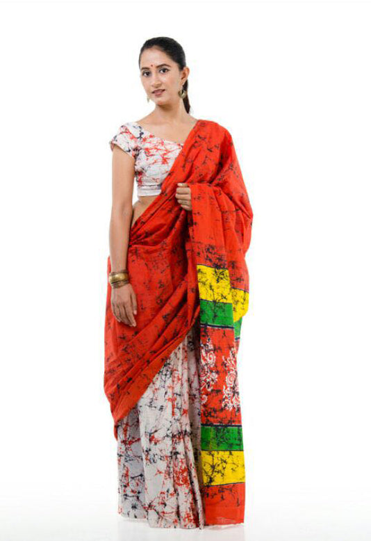 Red Beige Mulmul Batik Sarees - Dailybuyys