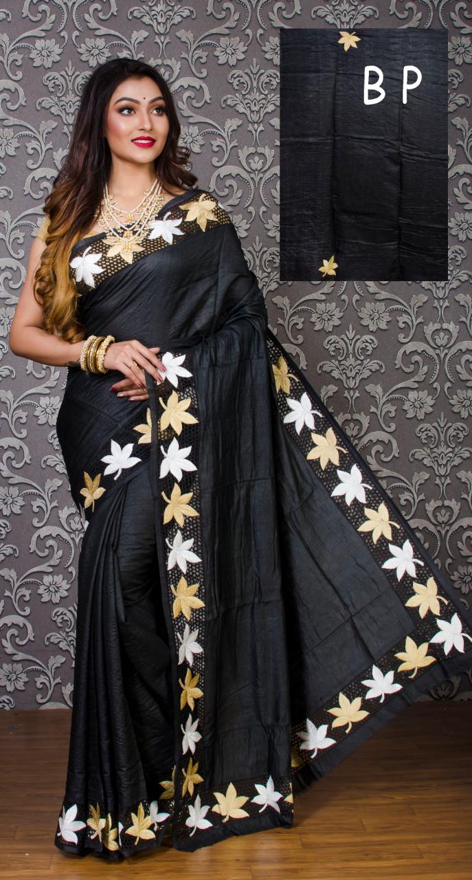 Black Cut Work Block Printed Zari Border Pure Silk Mark Certified Tussar Silk Sarees - Dailybuyys