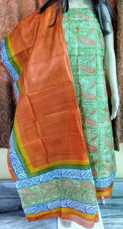 Orange Block Printed Design Pure Silk Top & Dupatta - Dailybuyys