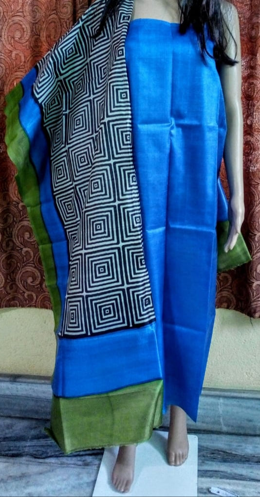 Blue Block Printed Design Pure Silk Top & Dupatta
