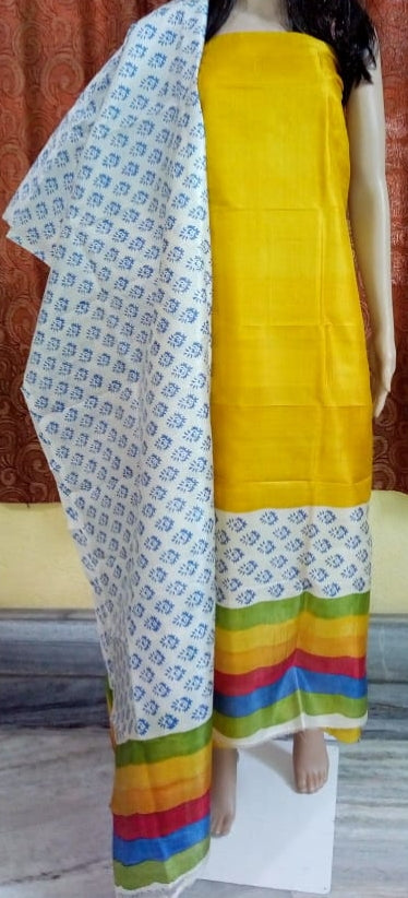 Yellow Block Printed Design Pure Silk Top & Dupatta - Dailybuyys