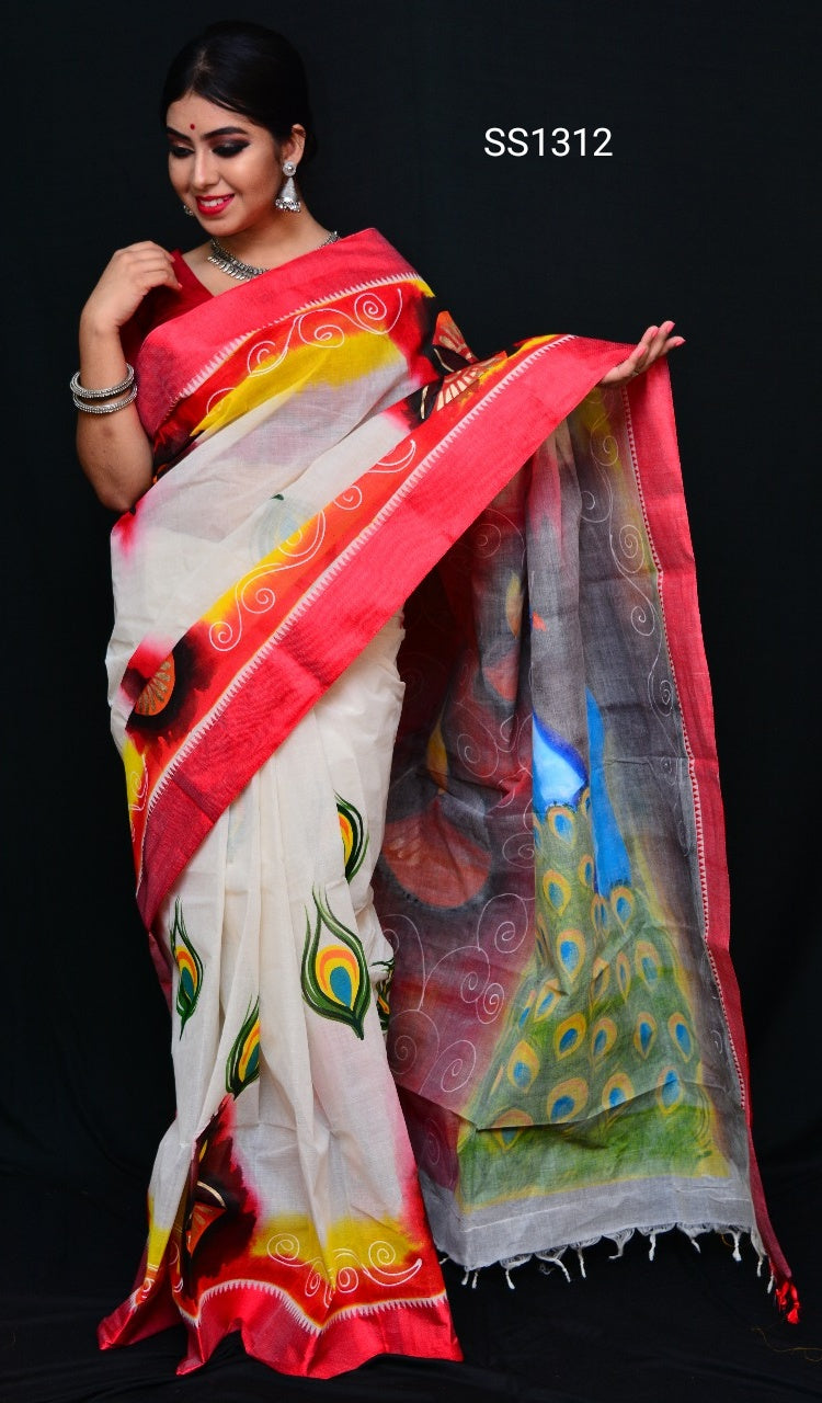 Red Beige Dhanekhali Tant Sarees - Dailybuyys
