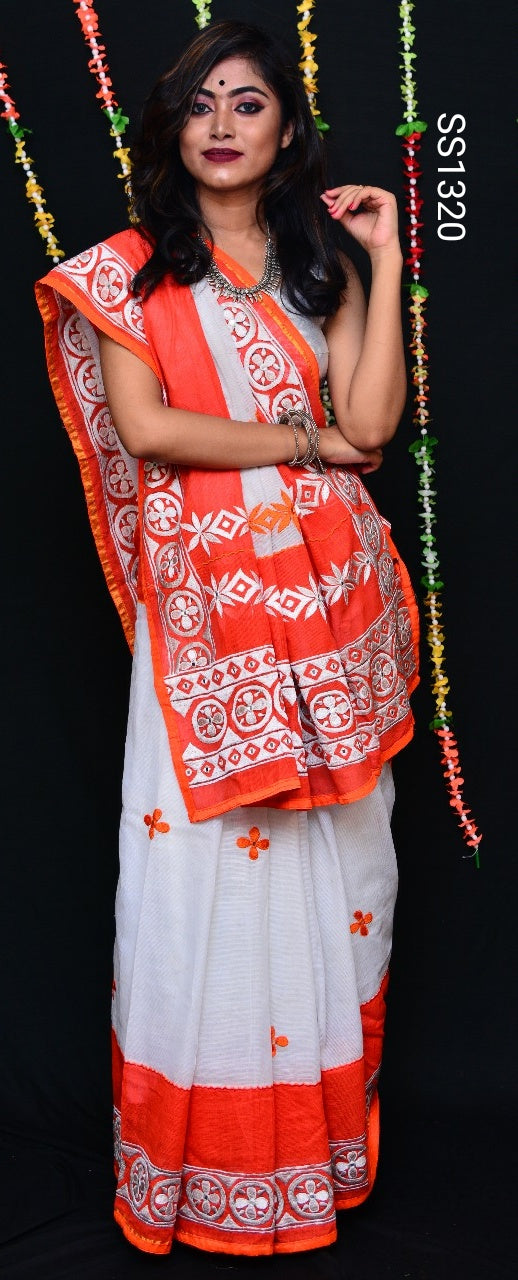 Red White Bangladesh Pure Cotton Handloom Sarees - Dailybuyys