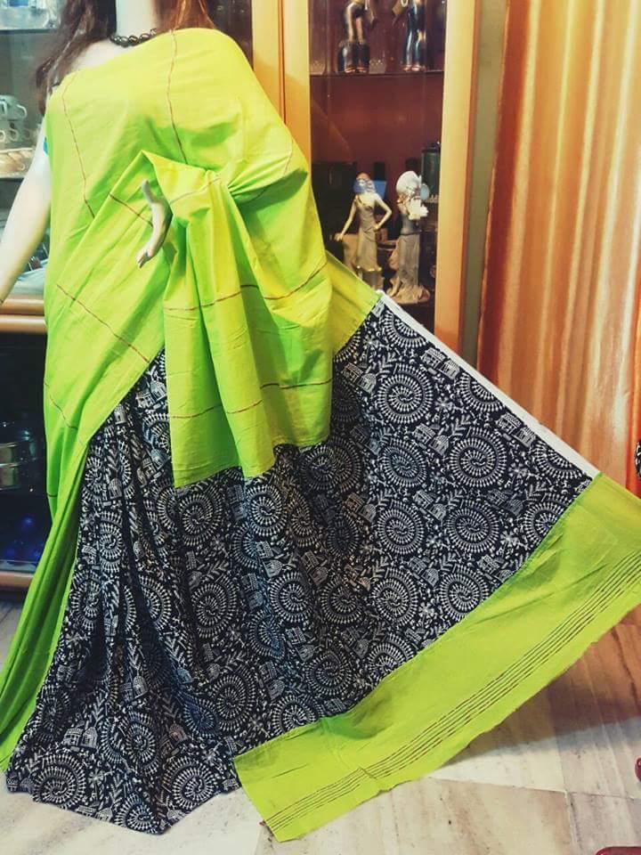 Green Grey Pure Cotton Khesh Sarees - Dailybuyys