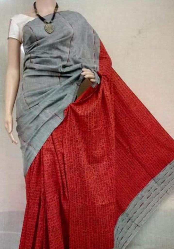 Grey Red Pure Cotton Khesh Sarees - Dailybuyys