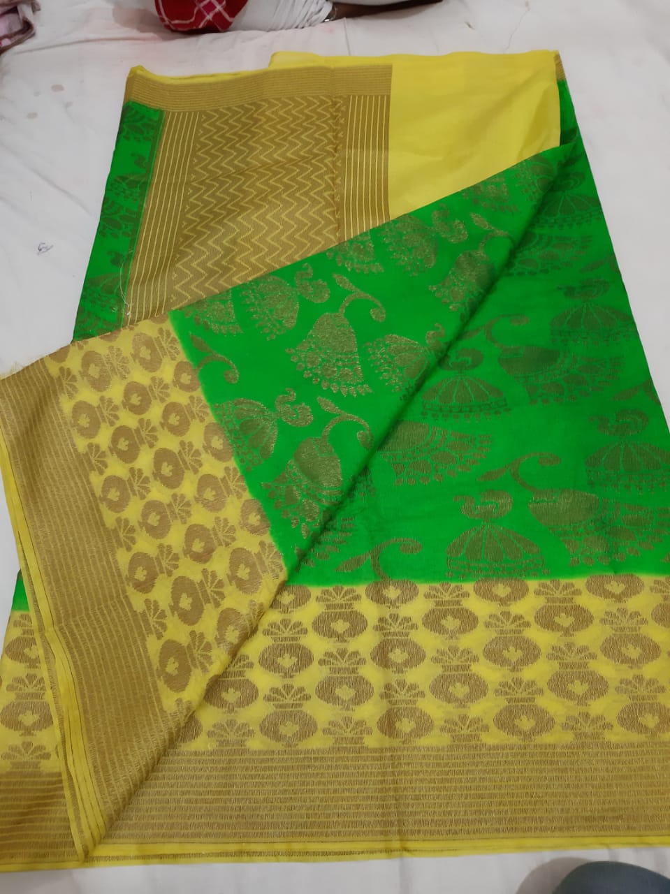Green Yellow Dupion Silk Sarees - Dailybuyys