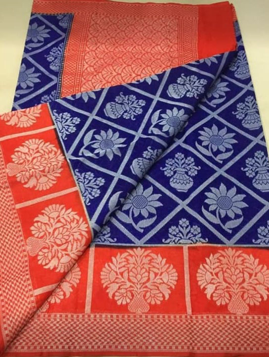 Blue Orange Dupion Silk Sarees - Dailybuyys